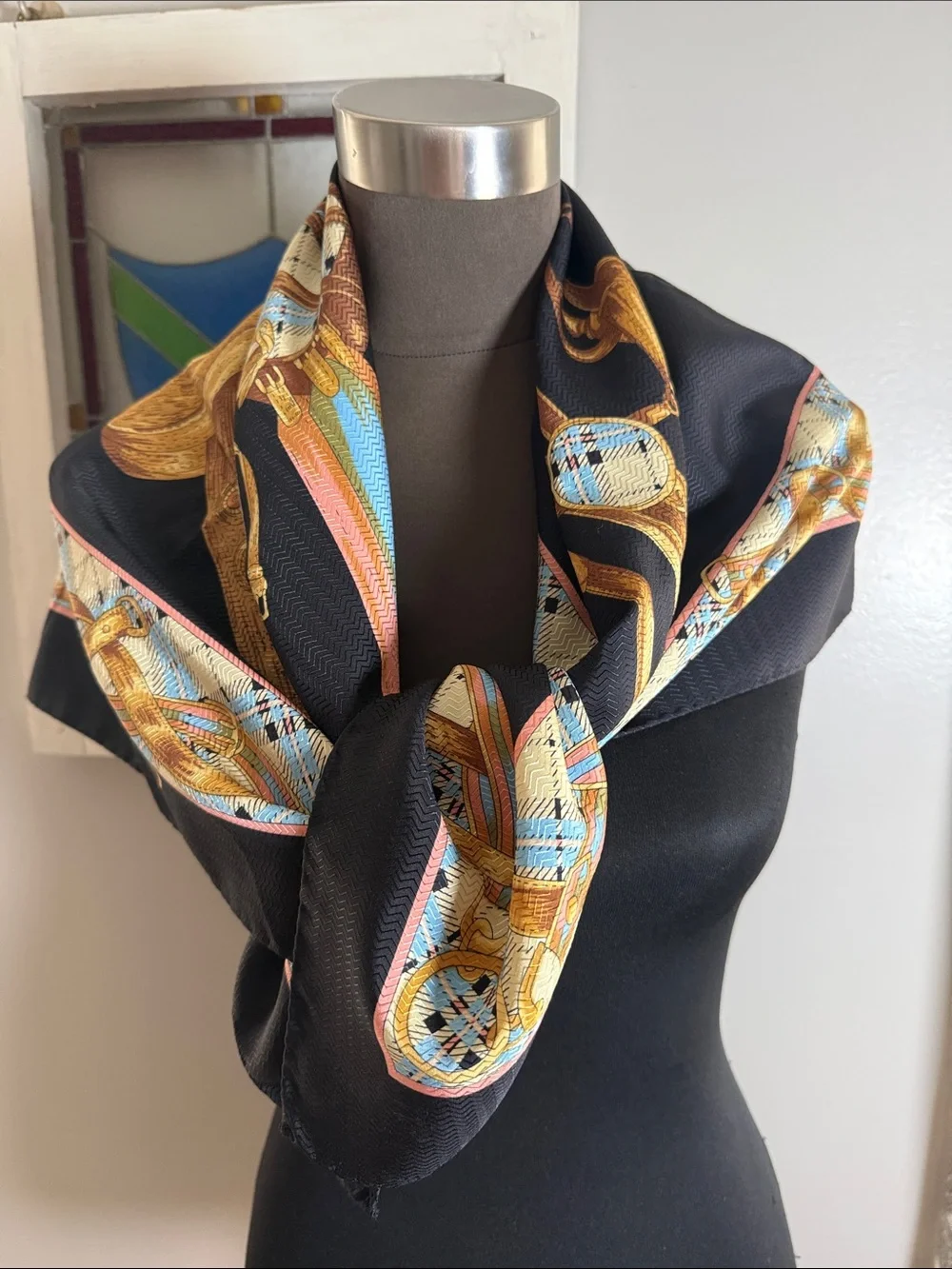 Vintage Italian 100% Silk Equestrian Print Scarf – Black & Gold